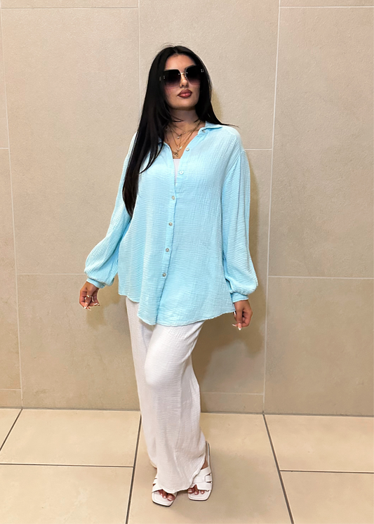 Tina Musselin Bluse Hellblau oversize