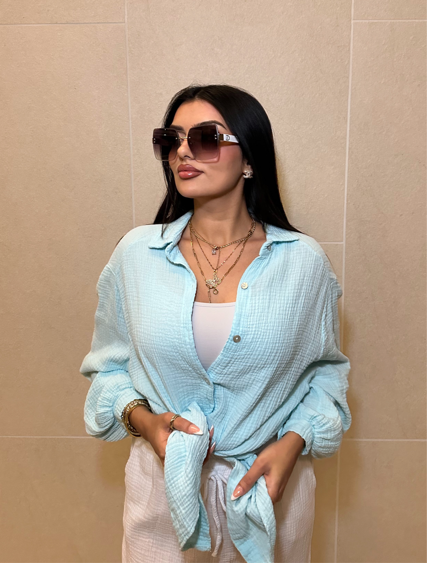 Tina Musselin Bluse Hellblau oversize